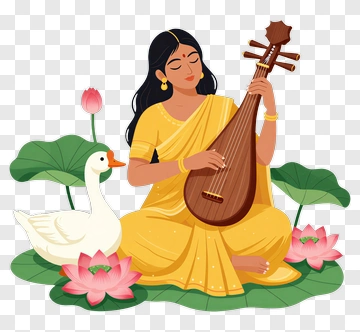 Woman Playing A Musical Instrument By A Lotus Pond PNG