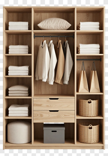 Modern Wooden Closet With Organized Shelves And Baskets PNG