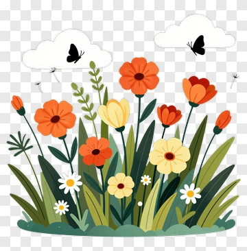 Colorful Flower Garden With Butterflies PNG