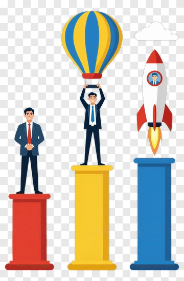 Businessmen On Pillars With Hot Air Balloon And Rocket PNG