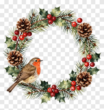 Christmas Wreath With Robin And Pine Cones PNG