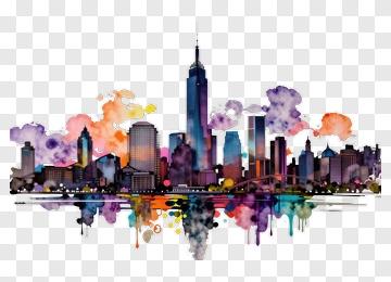 Colorful City Skyline Watercolor Artwork PNG