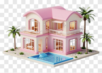 3D Pink House With Pool PNG