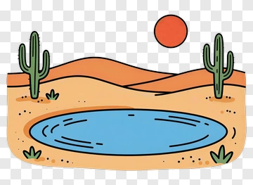Desert Landscape With Cacti And Water Pool PNG