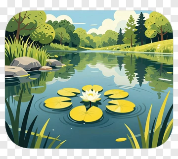 Serene Lake With Water Lilies And Lush Greenery PNG