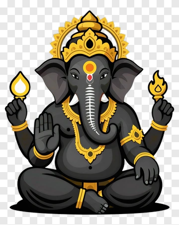 Cartoon Black Ganesh Sitting With Symbols PNG