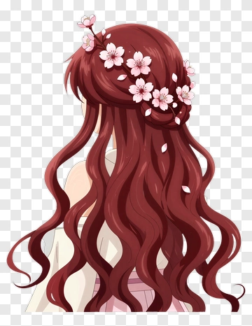 Anime Girl With Long Red Hair And Cherry Blossom Accents PNG