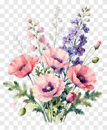 Watercolor Flower Bouquet With Poppies And Delphiniums PNG