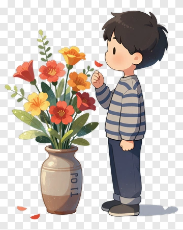 Boy Observing A Flower Vase PNG