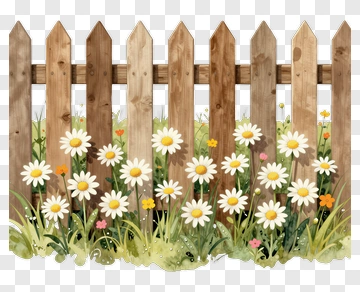 Wooden Fence With Daisies And Flowers PNG