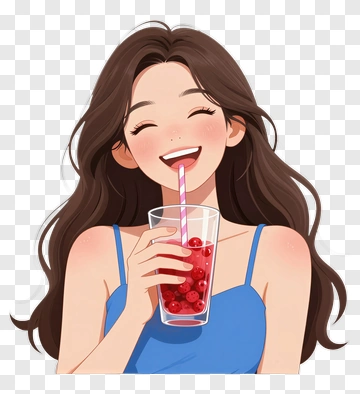 Smiling Woman Drinking A Berry Beverage PNG
