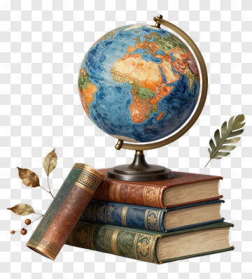 Globe On Stacked Books With Decorative Leaves PNG