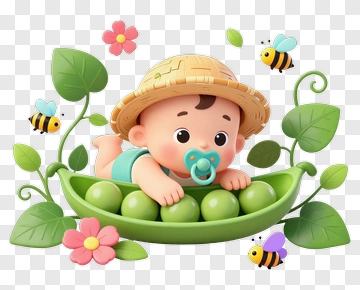 Cartoon Baby In A Pea Pod With Flowers And Bees PNG