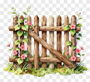 Wooden Fence With Flowers And Greenery PNG