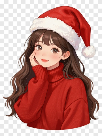 Girl In Red Sweater Wearing A Christmas Hat PNG