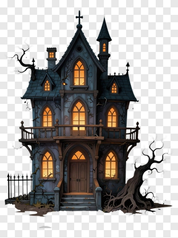 Cartoon Haunted House With Spooky Trees PNG
