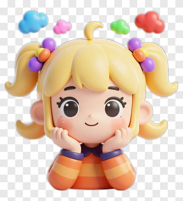 Cartoon Girl With Colorful Thought Clouds PNG
