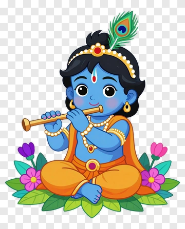 Cartoon Krishna Playing Flute Surrounded By Flowers PNG
