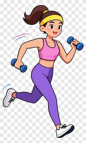 Cartoon Woman Running While Holding Dumbbells PNG