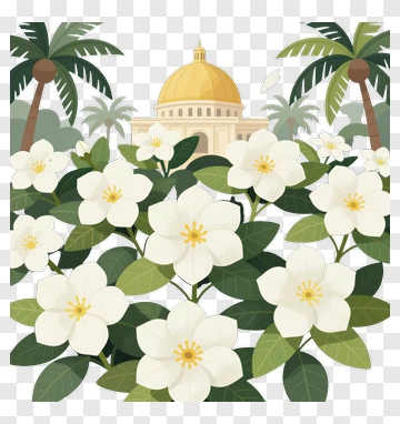 Flowering Garden With Palm Trees And Dome Structure PNG