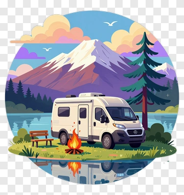 Camping Van By The Lake With Mountains In The Background PNG