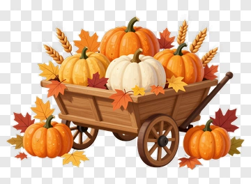 Pumpkin Cart With Autumn Leaves PNG