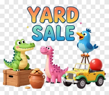 Colorful Yard Sale With Dinosaurs And A Bird PNG
