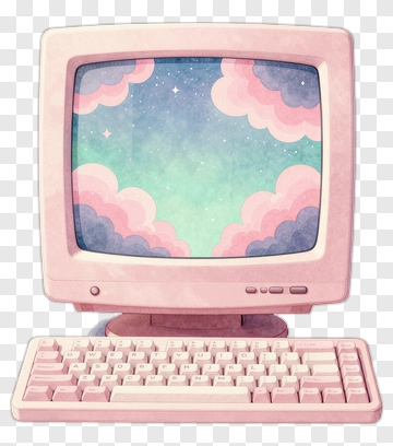 Vintage Computer With Colorful Cloud Background PNG