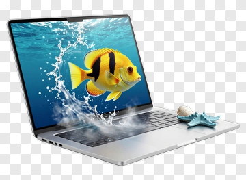 Laptop With A Fish Swimming Out Of The Screen PNG