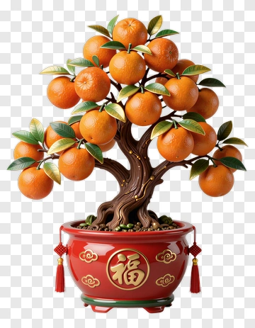 Decorative Orange Tree In A Red Pot PNG