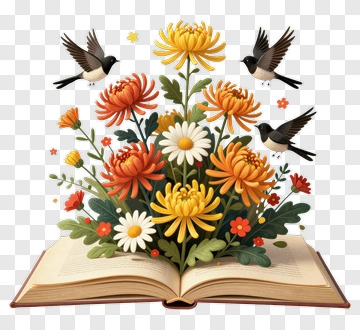 Colorful Flower Bouquet Emerging From An Open Book PNG