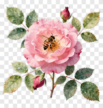 Pink Rose With Bee And Green Leaves PNG