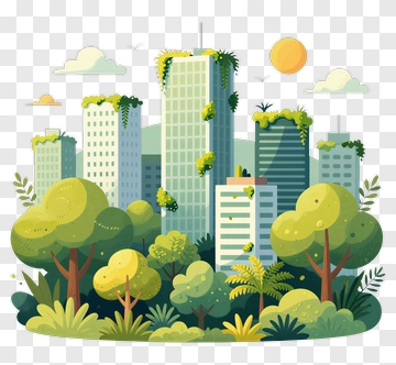 Green Urban Landscape With Trees And Buildings PNG