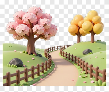 3D Colorful Trees Along A Winding Path PNG