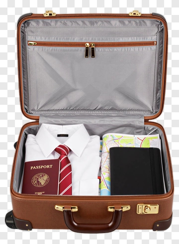 Brown Suitcase With Travel Essentials PNG