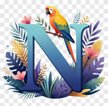 Colorful Letter N With Tropical Elements And Parrot PNG