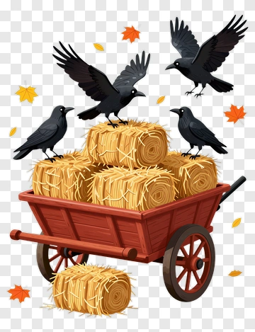 Hay Cart With Crows And Autumn Leaves PNG