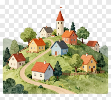 Charming Village On A Hill With Colorful Houses PNG