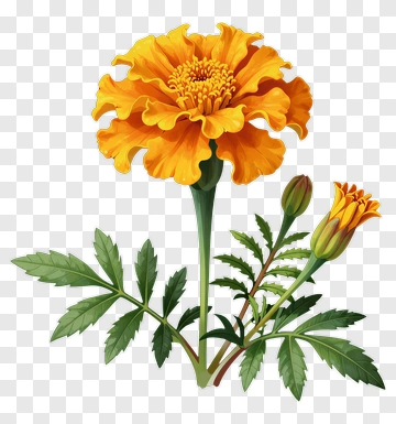 Orange Marigold Flower With Buds And Leaves PNG