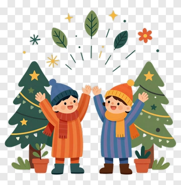 Happy Children Celebrating With Christmas Trees PNG