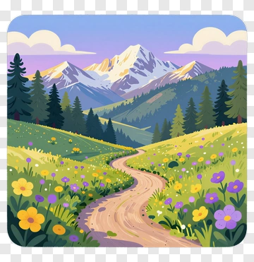 Mountain Landscape With Flowering Meadow PNG
