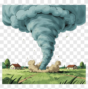 Cartoon Tornado Over Farm Landscape PNG
