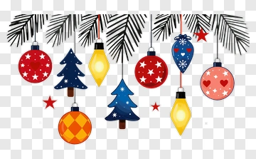 Colorful Christmas Ornaments Hanging From Pine Branches PNG