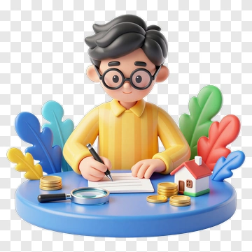 3D Boy Writing On A Paper With Coins And A House Model PNG