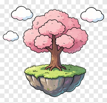 Cartoon Cherry Blossom Tree On Floating Island PNG