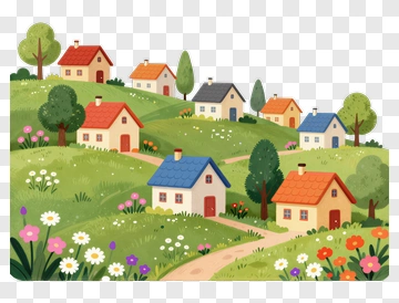 Colorful Village Landscape With Houses And Flowers PNG
