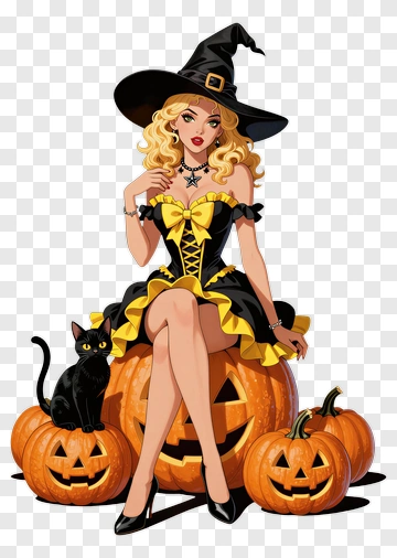 Halloween Witch Sitting On Pumpkins PNG