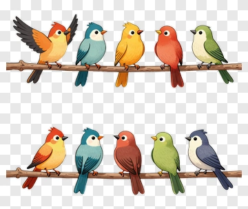 Colorful Birds Sitting On A Branch PNG