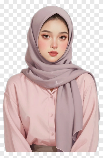 Young Woman In A Pink Shirt And Lavender Hijab PNG