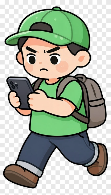 Cartoon Boy Walking While Using A Smartphone PNG